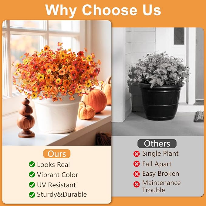 Artificial Fall Flowers for Outdoor, 12 Bundles 4 Colors Faux Mums Fake Fall Plants for Decoration, UV Resistant No Fade Silk Plastic Flower for Autumn Porch Patio Planters Windowbox Yard Garden