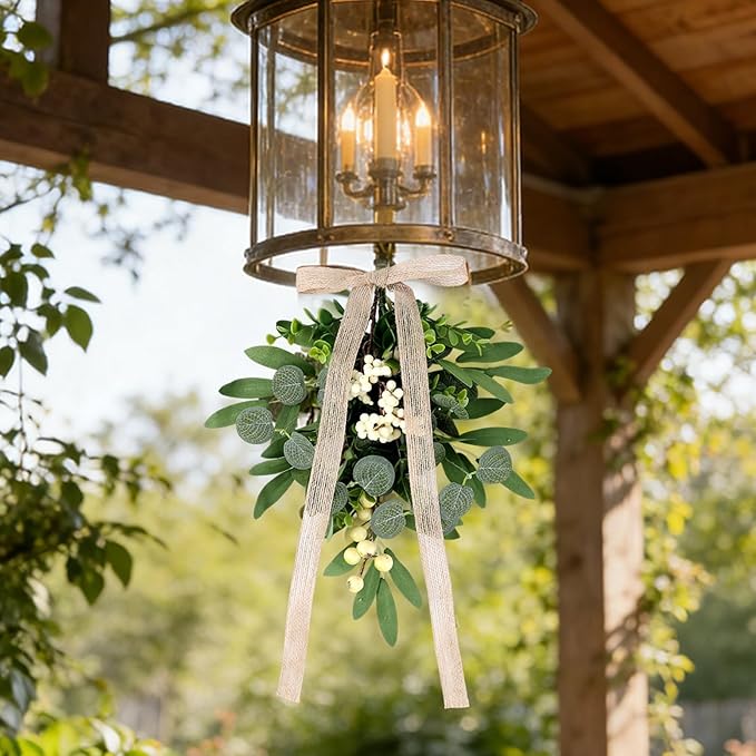 6 PCS Artificial Spring Summer Green Eucalyptus Teardrop Swag with Ribbon Bow 16" Vintage Mini Green Light Swag with White Berry Festive Sconce Lighting Decor for Farmhouse Porch Door Wedding Decor