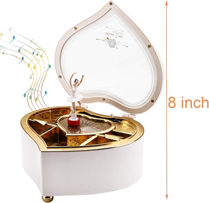 yarlung Ballerina Music Box for Valentine's Day Gift, White Heart Rotating Dancing Girl Gift Box for Jewelry, Trinket, Mother's Day Birthday