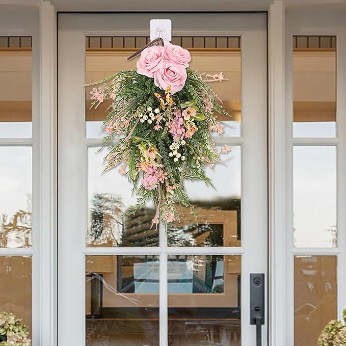 Artificial Floral Swags, 20inch Spring Teardrop Swag, Decorative Floral Swag with Rose Flowers and Berries, Artificial Rose Flower Swag Wedding Arch Flowers Floral Arrangement