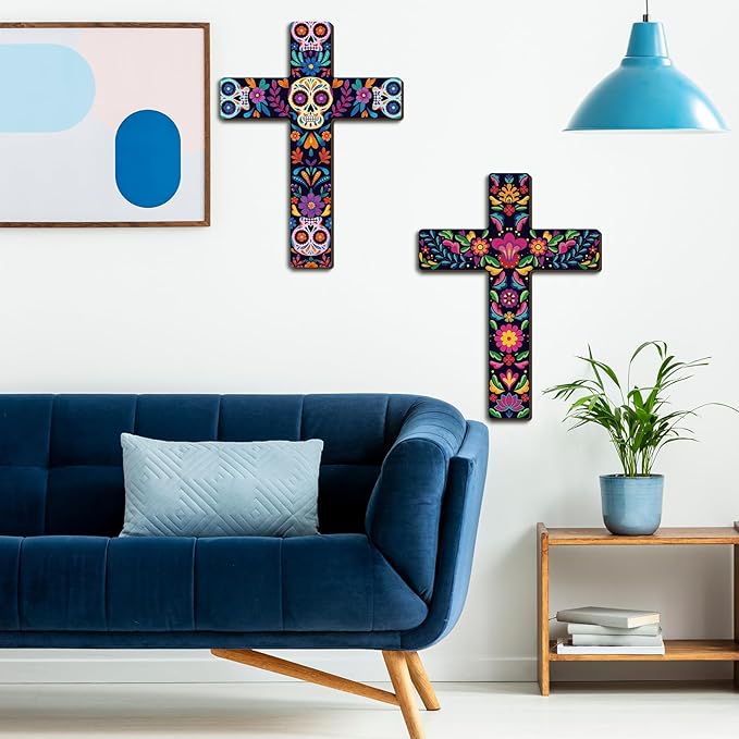 Pinkunn 2 Pcs Mexican Cross Wall Decor Floral Day of The Dead Decoration Hand Painted Wood Wall Art Dia De Muertos Altar Decorations Spanish Cross Decor for Home(Sugar Skeleton)