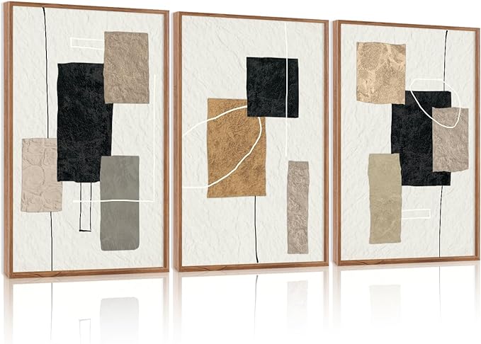 KAlRNE Neutral Abstract Framed Canvas Wall Art Set of 3(16”X24”),Black Beige and Brown Wall Decor,Modern Minimalist Block Lines Art Prints For Living Room Bedroom Office