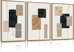 KAlRNE Neutral Abstract Framed Canvas Wall Art Set of 3(16”X24”),Black Beige and Brown Wall Decor,Modern Minimalist Block Lines Art Prints For Living Room Bedroom Office