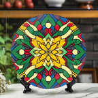 Decorative Plates for Display 10" Colorful Stained Glass Floral Mandala Ceramic Ornament with Display Stand and Hook Up for Wall Decor Hanging Festival Wedding Gift