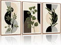 KAlRNE Boho Botanical Framed Canvas Wall Art Set of 3(16”X24”),Abstract Wall Decor,Minimalist Sage Green Picture Photography Geometric Line Black Art Prints For Living Room Bedroom Office