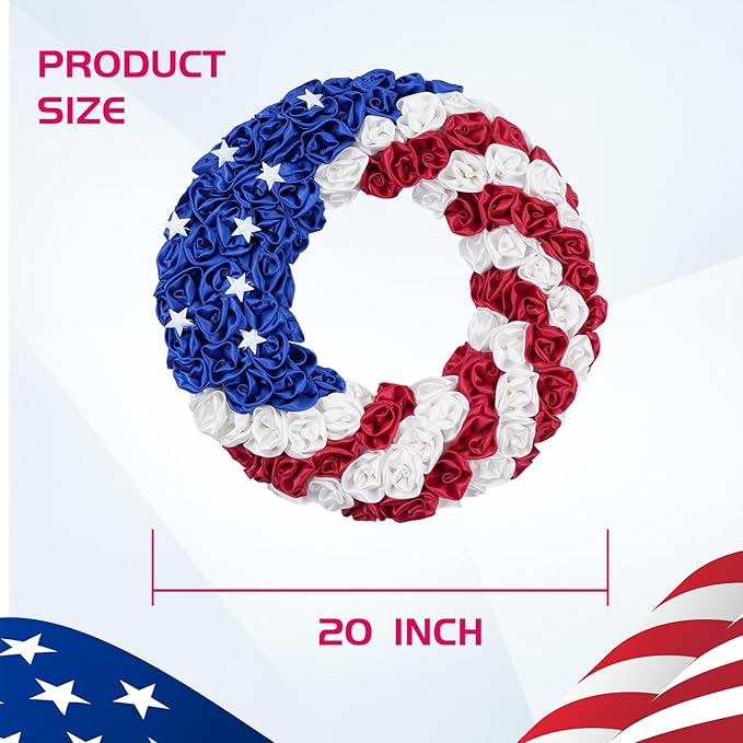 Idyllic 20 Inch Patriotic Wreath for Front Door, 4th of July Wreath with Red White Blue Silk Roses & Metal Stars, Memorial Day Day Decorations for Home Wall Porch Window