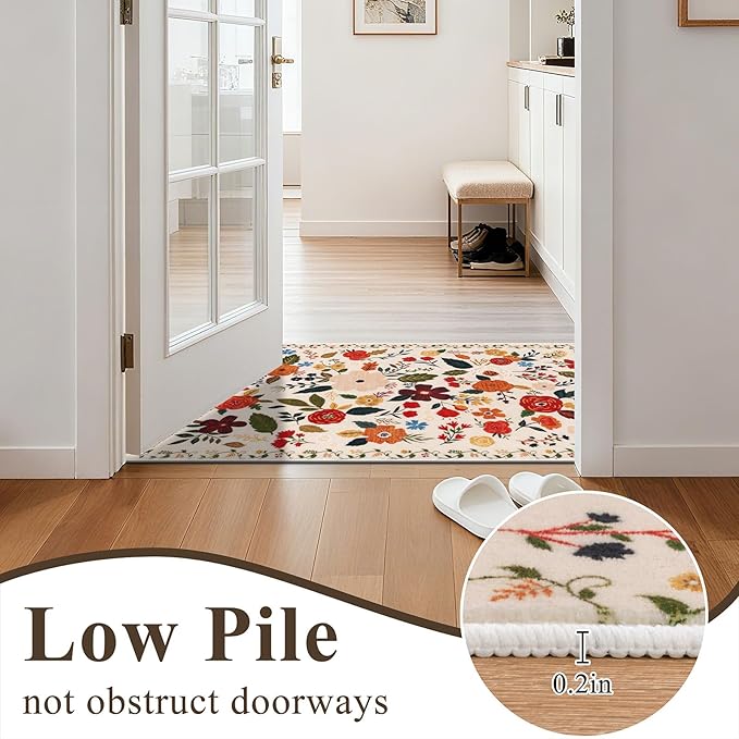 U'Artlines 2' x 8' Colorful Floral Runner Rug for Hallways Kitchen Soft Non Slip Washable Floor Carpet Runners for Entryway Laundry Room Bathroom Beige