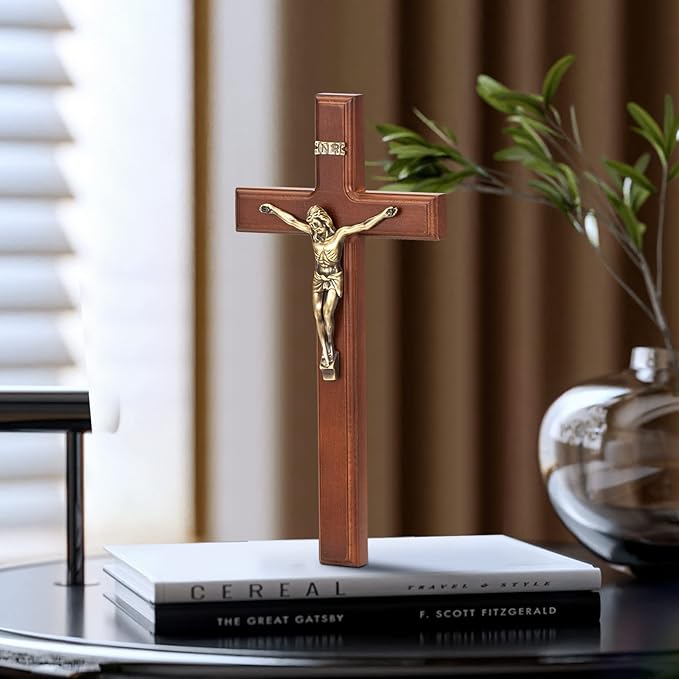 ARCHOBAN Crucifix Wall Cross Catholic, 12 Inch Wooden Cross with Jesus Christ for Home Decor - Brown + Antique Brass
