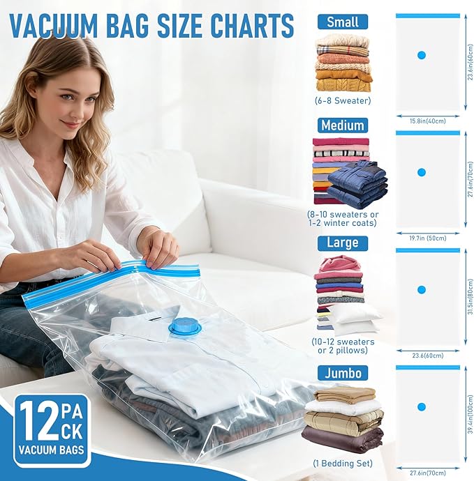 Vacuum Seal Bags for Clothing Travel with Rechargeable Air Pump, 12 Pack of 4 Carry-on Size Space Saver Vacuum Storage Bags, Compression Packing Bags for Luggage Suitcase for Closet Organization