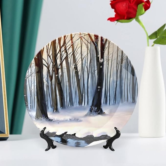 Decorative Plates, Winter Forest in Snow Painting Orange Display Plate for Home Office Kitchen Table Decor Porcelain Plates 10 Inch, Birthday Gifts