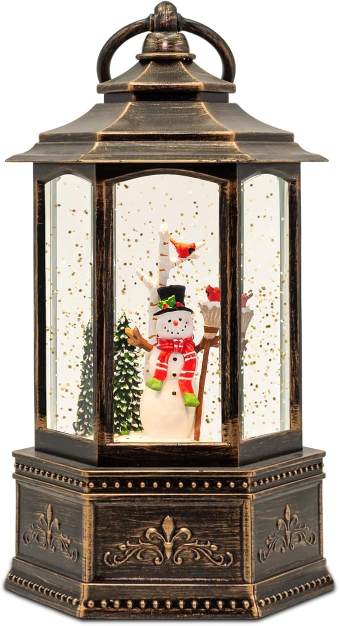 Christmas Snow Globes, 9.37" Snowman Glitter Water Lantern with 8 Songs, 6H Timer Battery & USB Powered Music Box for Christmas Decorations Indoor