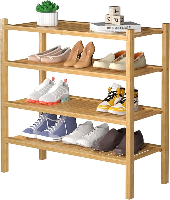 4 Tier (Thick) Bamboo Shoe Rack for Closet Free Standing Wood Shoe Shelf for Entryway Small Space Stackable 27"x12"x28" (Natural)