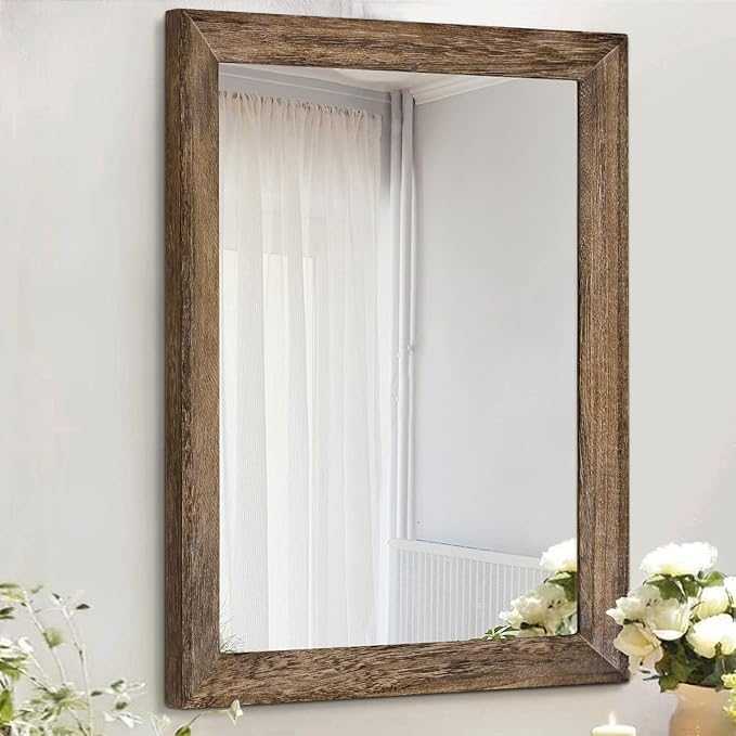 AAZZKANG Rustic Wood Mirror Rectangle Decorative Wall Mirrors with Frame for Bedroom Living Room Bathroom Entryway Hanging Small Brown