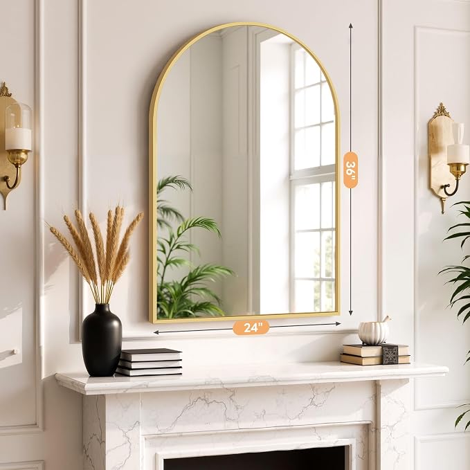 Bathroom Mirror for Wall, 36x24 Inch Arched Mirror, Matte Gold Metal Framed Bathroom Vanity Mirror for Restroom Farmhouse, Anti-Rust, Tempered Glass, Hanging or Leaning