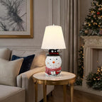 MOMENTS IN TIME Christmas Snowman Table Lamp with Glitter Spinning Water Globe, LED Lighted Holiday Lamp with Fabric Shade, USB or Battery Operated, 17.5 Inch Decorative Home Decor