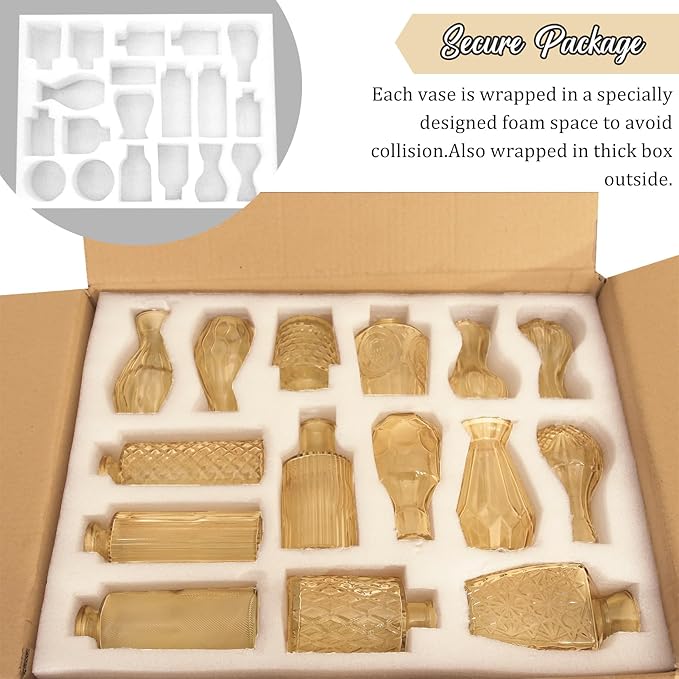 36Pcs Bud Vases Set Small Vintage Glass Bottles Bud Vases in Bulk Multiple Shape Cute Glass Vases for Rustic Wedding Centerpieces Table Decorations and Home Decor (Champagne)