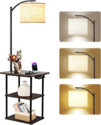PESRAE Floor Lamp with Table,Lamps for Nightstand with Charging Station(USB & Type-C & AC Port), 3 Color Temperatures 9W LED Bulb, Modern Shelves Side Table for Bedroom, Office