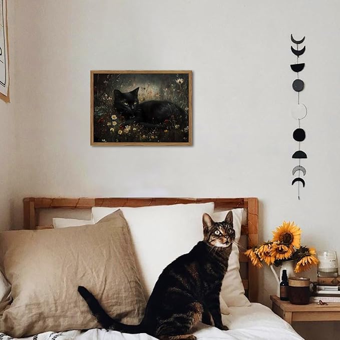 Framed Vintage Black Cat Canvas Wall Art, Gothic Dark Academia Cat Pictures Wall Decor, Moody Floral Animal Paintings Prints Cottagecore Home Decor for Living Room Bedroom Bathroom 12x16 inch