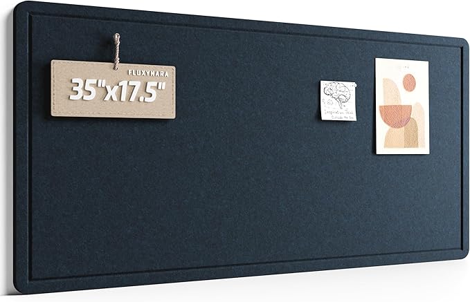 Fluxynara Bulletin Board, 35" x 17.5" Cork Board Alternative with 12 Safe Removable Adhesive Tabs, Foldable Felt Pin Board for Home Office, Classroom, Bedroom,Entryway for Walls—Carbon Blue