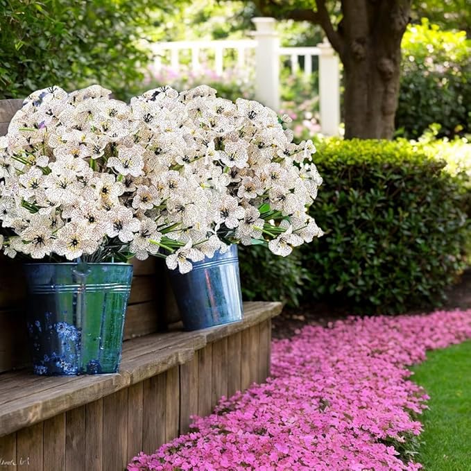 12Pcs UV Resistant Artificial Flowers Artificial Violet Outdoor Decor Realistic Faux Plants Silk Flowers No Fade for Patio Hanging Baskets Garden Pots Farmhouse Yard (White)