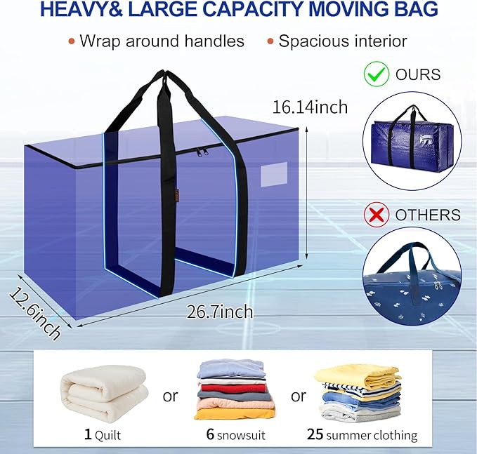 Cryster 10-Pack Blue Moving Bags with Strong Zippers,Heavy Duty Storage Totes With Comfortable Handles,Large Storage Totes for Student Supplies