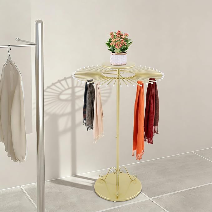 Scarf Display Stand 45-Arm Scarf Holder Organizer Freestanding Scarf Hanger 360° Rotating Rack for Home and Clothing Store (Gold, 45 Rods)