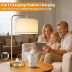 Innqoo Bedside Table Lamps for Bedroom Set of 2-Dimmable Nightstand Lamps with USB Port and Outlet,Modern Gold Lamps with Linen Shade,Tall Desk Lamps for Home Office Bedroom Living Room End Table