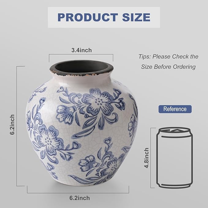 Ceramic Flower Vase Home Decor, 6.2 inch Farmhouse Rustic Vintage Decorative Vases, Pottery Terracotta Boho Flowers Vases for Dining Table, Living Room, Shelf, Kitchen, Bedroom (6.2"-Blue and White)