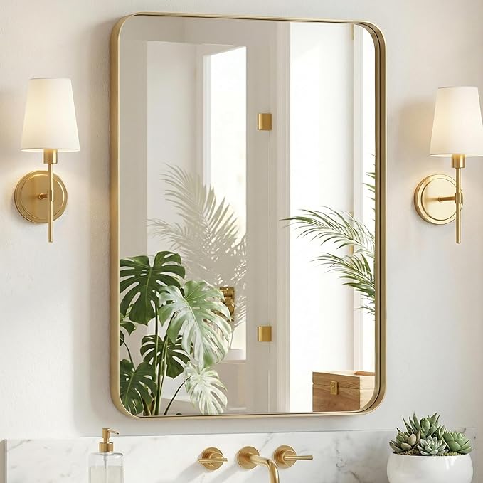 Sweetcrispy Bathroom Wall Mirror, 40x30 Inch Wall Mount Mirror for Over Sink, Modern Rounded Rectangle Vanity Mirrors with Matte Metal Framed, for Home Decor, Living Room, Bedroom, Gold