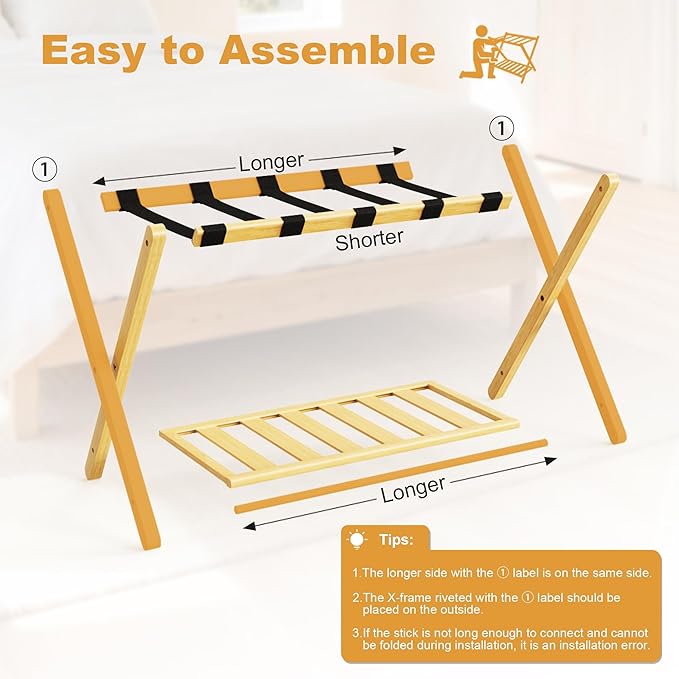 Luggage Racks Set of 2, Bamboo 26.77" Luggage Rack Stand for Guest Room, 5 Nylon Straps, Foldable Suitcase Stand with Storage Shelf for Bedroom Hotel, Holds up to 165 Lbs