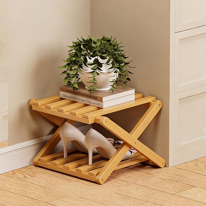 The 9-Tier No-Assembly Bamboo Rack, Foldable Space-Saving Organizer for Shoes, No Assembly Narrow Shoe Shelf for Entryway Closet Dorm (Yellow, 2)