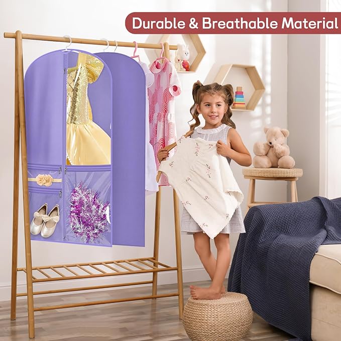 KIMBORA Costume Dance Garment Bag with 3 Clear Zipper Pockets for Suits Dress Cover, Travel Storage & Competitions, Set of 2 (Purple)
