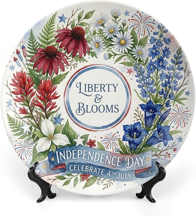 250th Anniversary Decorative Plates 10 Inch Patriotic Decorations Floral Plates with Stand 4th of July Independence Day Veterans Day Home & Office Decor