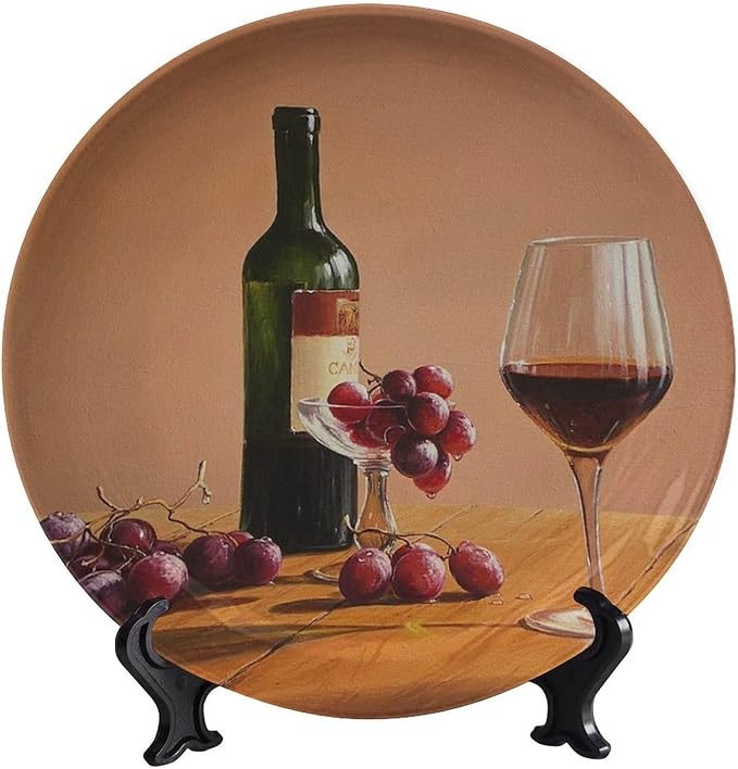 Decorative Plate Stand, 6 Inch, Goblet Wine Bottle Transparent Round Display Plate, Decorative Plates with Stand, Ceramic Craft for Wall Hanging Decorative