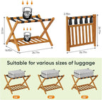 Pack of 2 Fully Assembled Bamboo Luggage Racks with Shoe Shelf, 5 Heavy-Duty Straps Folding Suitcase Stand, Luggage Holders for Guest Room Must Haves, Ideal for Bedroom, Hotel, Honey Oak