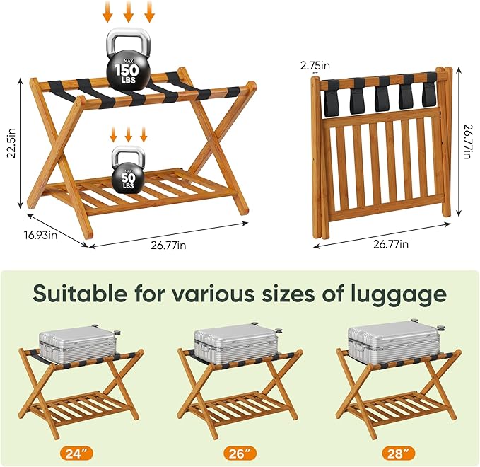 Pack of 2 Fully Assembled Bamboo Luggage Racks with Shoe Shelf, 5 Heavy-Duty Straps Folding Suitcase Stand, Luggage Holders for Guest Room Must Haves, Ideal for Bedroom, Hotel, Honey Oak