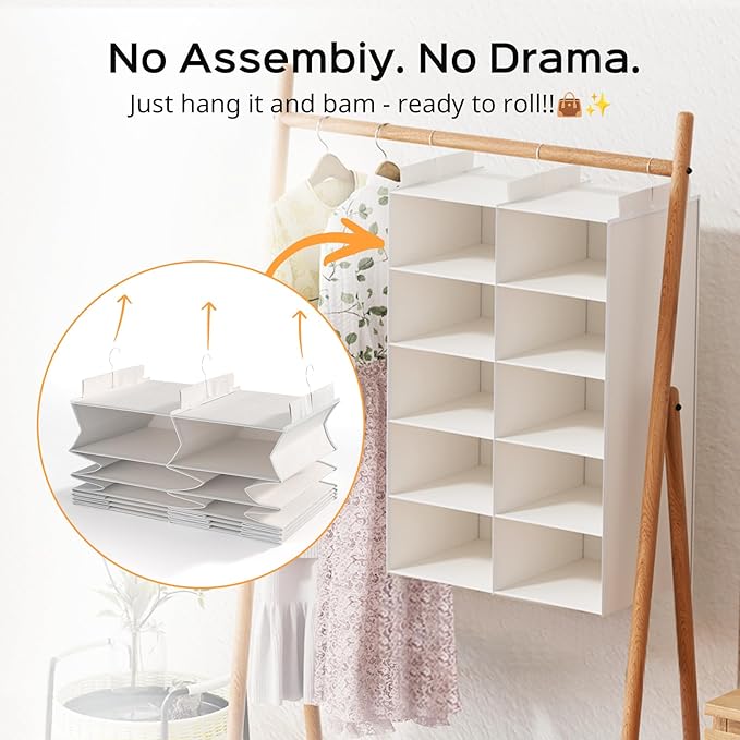 White 5-Tier Hanging Closet Storage Organizer - Space-Saving Dual-Row Foldable Shelves with 3 Hooks, Wardrobe Organizer for Dorm, Bedroom, Clothes and Accessories
