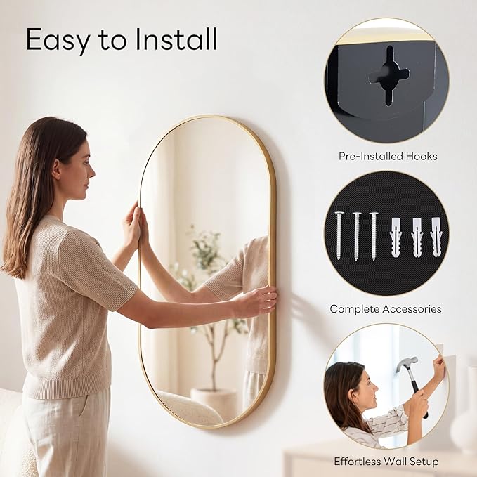 Sweetcrispy 24" x 36" Gold Bathroom Mirror for Wall, Oval Wall Mirrors with Metal Frame, Tempered Glass, Modern Vanity Mirror for Over Sink, Living Room, Bedroom, Entryway, Horizontal or Vertical