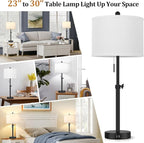 Kondras Table Lamp for Bedroom Set of 2, 23" to 30" Height Adjustable Bedside Lamp with 2 USB Ports, Black Nightstand Lamp with White Shade, Modern Pull Chain Table Lamp for Living Room End Table
