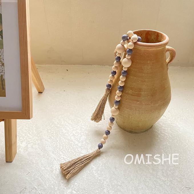 OMISHE Wood Bead Garland with Tassels 61 Inches, Boho Decorative Beads, Farmhouse Beads Garland for Home Tiered Tray Decor, Beige Gray
