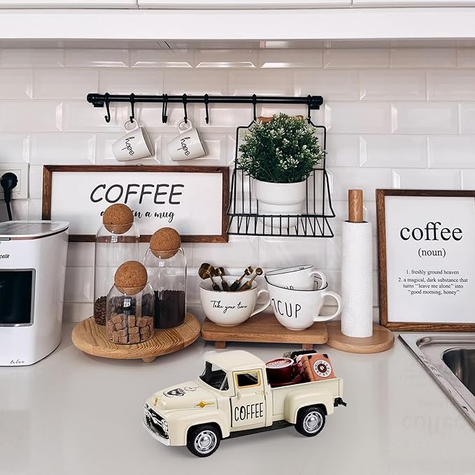 Cream Coffee Truck Decoration, Coffee Lover Truck Decor Themed Ornaments, Rustic Farmhouse Kitchen Tabletop CenterpieceTiered Tray Decor, Barista Gift
