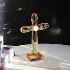YWHL Champagne Crystal Standing Cross Figurine, Religious Gifts for Women Men, Handmade Glass Holy Easter Cross Collectible Figurines Decoration, Christian Cross for Home Office Decor