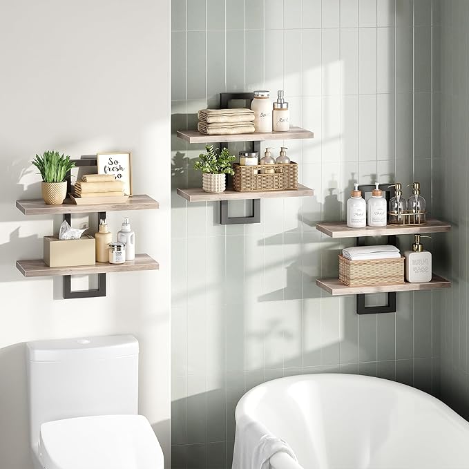 HOOBRO Floating Shelves, 15 Inch Wall Shelf Set of 3, Wall Mounted Storage Shelves 2-Tier, Hanging Bathroom Shelves, for Living Room, Bedroom, Bathroom, Kitchen, Greige and Black BG32BJP301