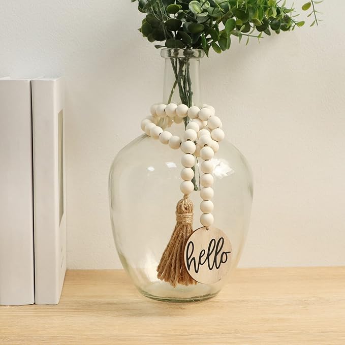Meplait Hello Wooden Bead Garland with Tassel, Decorative Beads Home Decor Farmhouse Tassel Garland Boho Decor for Tiered Tray（38in）
