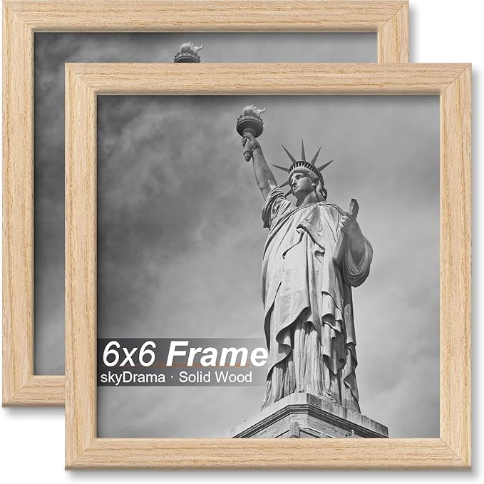 Natural Solid Wood 6x6 Picture Frame, Display 6 x 6 Inch Picture Poster Photo, Vertical & Horizontal Wall Hanging - 2 Pack/Natural/6"x6"