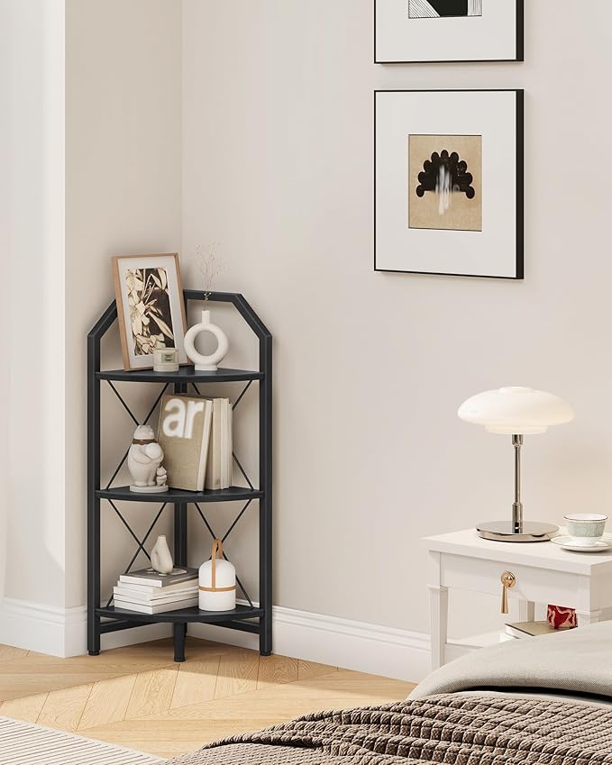 CHOEZON 3-Tier Corner Shelf, Industrial Corner Bookshelf, 35.4" Storage Stand, Plant Stand Display Shelf, Bookcase for Bedroom, Living Room, Home Office, Black TCJ03BB ﻿