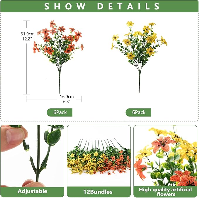 Artificial Flowers for Outdoors 12 Bundles Realistic Faux Silk Flower with Eucalyptus Stem, Fake Plants UV Resistant No Fade for Outside Planter Porch Patio Yard Window Garden Spring Summer Decoration