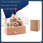 Natural Solid Wood Handcrafted Beech Wooden, Musical FigureTotoro/Carousel/Fairy/Ballerina Figurine,Rotating Hand Crank Mechanism Music Box,Musical Decorations (Little Bear and Train)