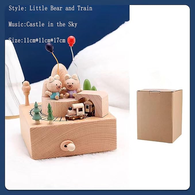Natural Solid Wood Handcrafted Beech Wooden, Musical FigureTotoro/Carousel/Fairy/Ballerina Figurine,Rotating Hand Crank Mechanism Music Box,Musical Decorations (Little Bear and Train)