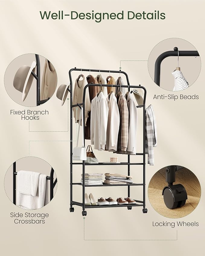 Clothes Racks for Hanging Clothes, Rolling Garment Rack, Clothing Rack with Wheels and Hooks, Double Rod Clothes Rack with Shelves, for Bedroom, Living Room, Laundry Room Black TYM07BB